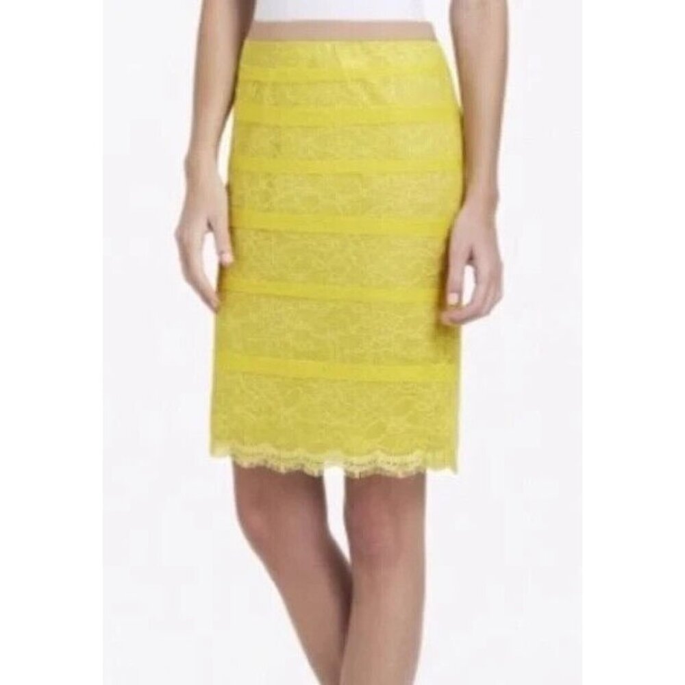 BCBG Max Azria "Jocelyn" Neon Yellow Lace Pencil Skirt, Size M